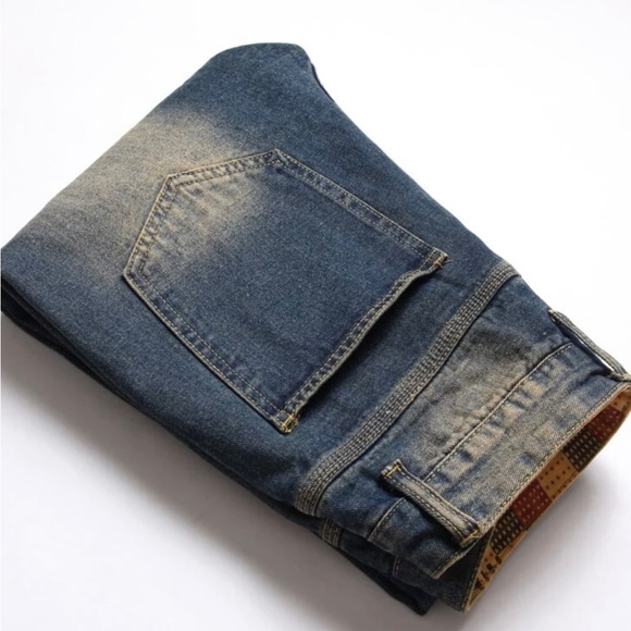 Mens distressed slim straight washed jeans dark denim patch ripped denim bear - Picture 3 of 5